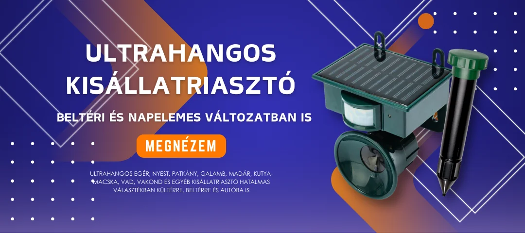 Ultrahangos kis állat riasztó: nyest, patkány, egér, kiutya, macska, vakond, madár, galamb, seregély, varjú, rigó, vadak stb. riasztása