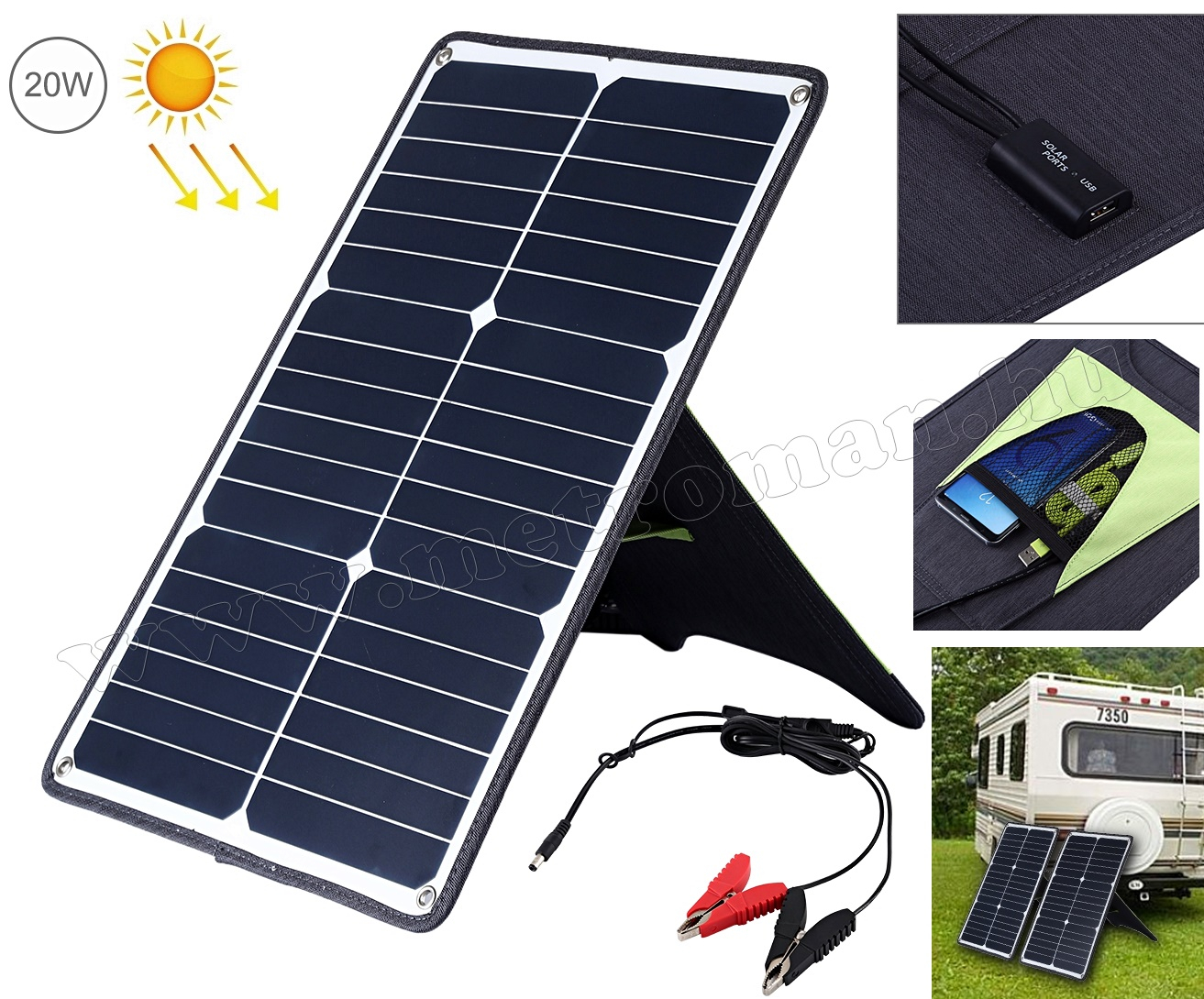 Hordozható 20W napelem, napelemes 12V és USB akkutöltő Haweel MM2748B