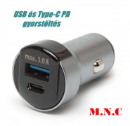 Autós USB és Type-C PD gyorstöltő MNC 55025
