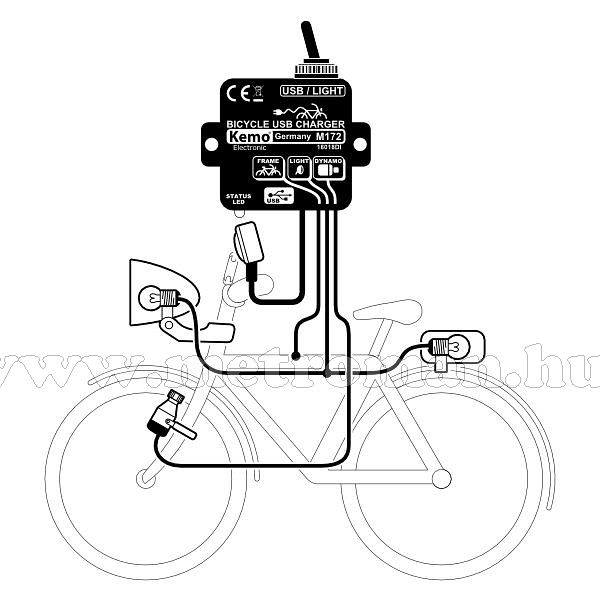 Kerékpár dinamóra köthető, Mobiltelefon, GPS Navigáció USB töltő, Kemo M172