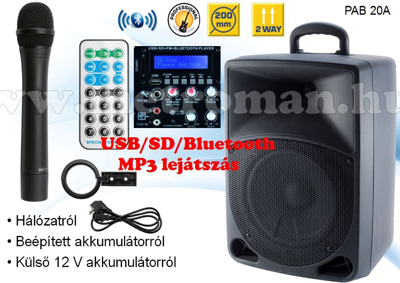 Hordozható Karaoke szett USB/SD/Bluetooth MP3 lejátszóval, vezeték nélküli mikrofonnal , PAB 20