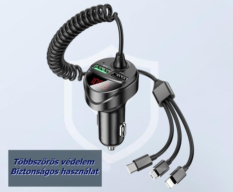 Autós USB-A / USB-C / microUSB / iPhone töltő és feszültségmérő M7401A