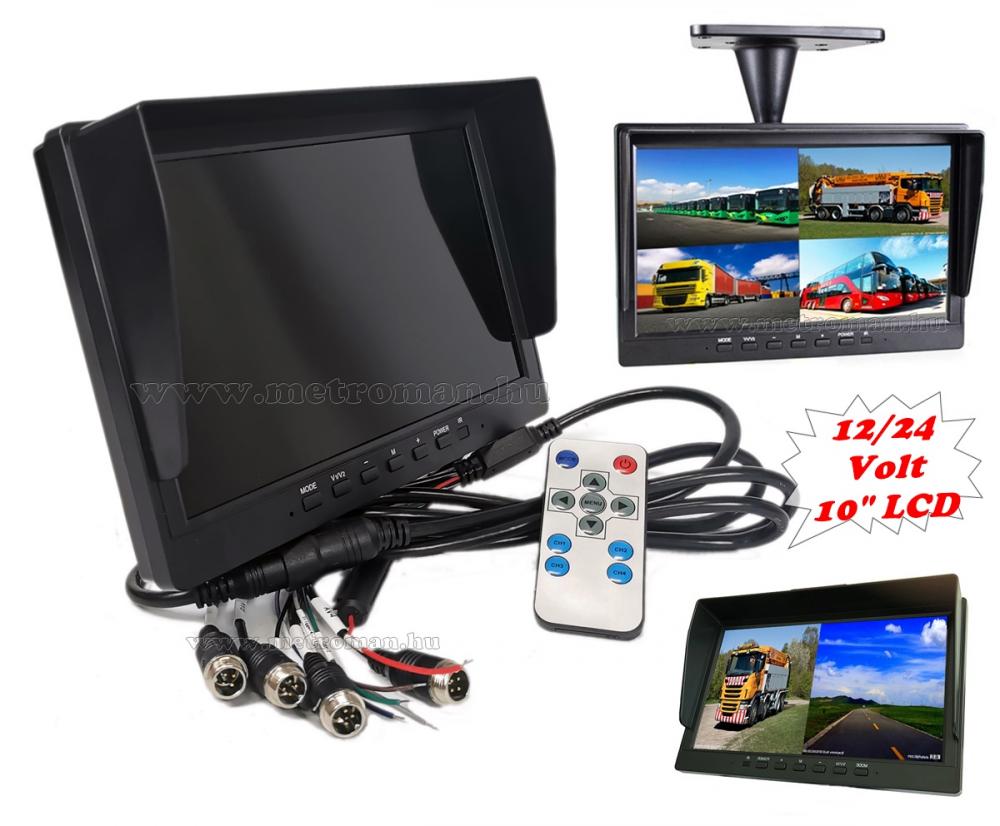 Ipari kivitelű autó, kamion, busz, munkagép 10"-os LCD monitor tolatókamerához MM3695-QUAD 12/24V
