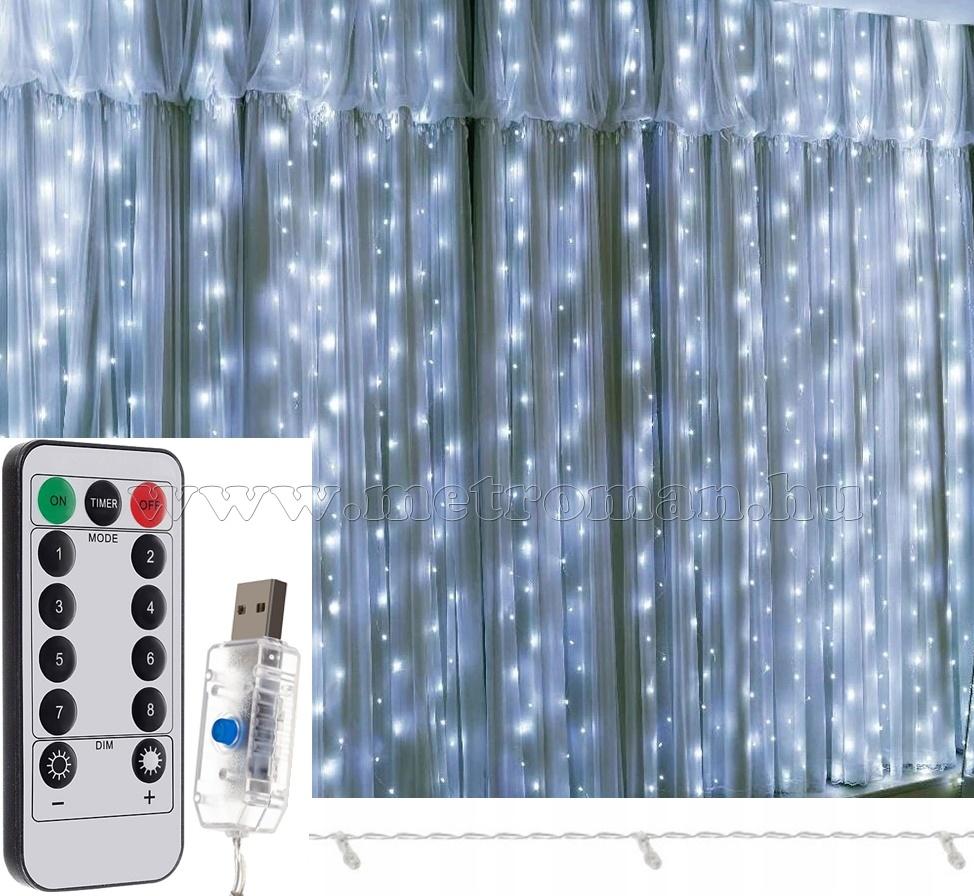 Karácsonyi kültéri LED fényfüggöny USB tápcsatlakozású 300 LED 2.9x2.9 méter MM9766USB Hideg Fehér