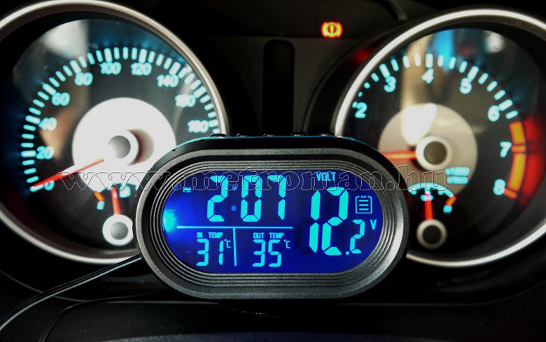 Digitális autós LCD külső-belső hőmérő és óra Voltmérővel M7009VK