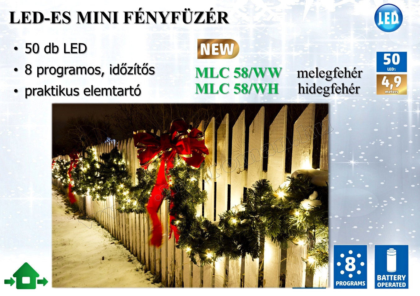 Karácsonyi, elemes LED égősor, mini Fényfüzér, MLC 58/WW Meleg Fehér