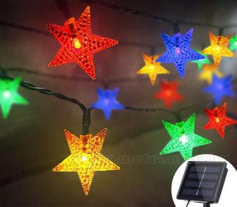 Napelemes Karácsonyi LED égősor, Kerti Fényfüzér, Kültéri, NLED30STAR Színes Csillag