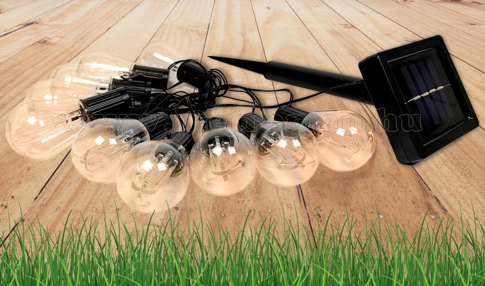 Retró Edison körte izzó formájú napelemes kültéri kerti LED fényfüzér Meleg Fehér