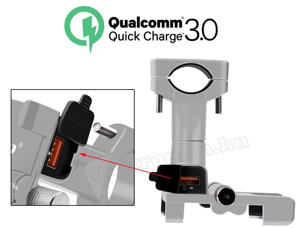 Alumínium motoros  telefontartó Qualcomm 3.0 USB gyorstöltővel 9106S USB