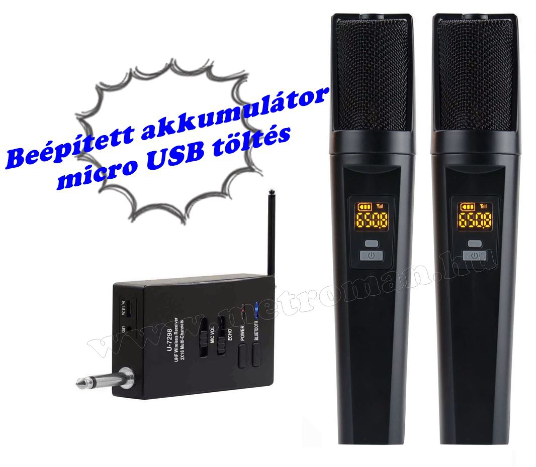 Vezeték nélküli mikrofon akkumulátoros stick vevővel és 2 db mikrofonnal VoiceKrakt U7298 BT