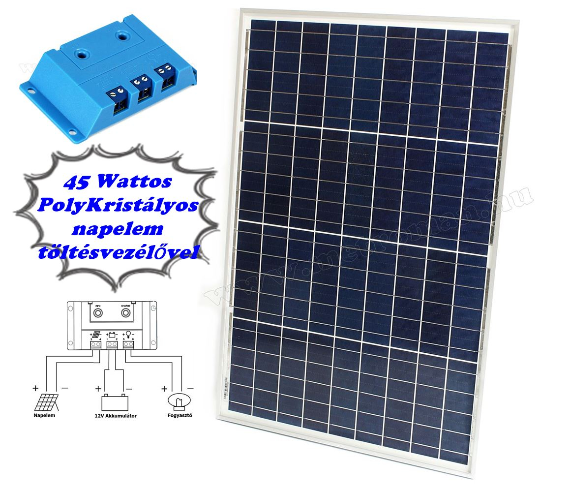 12V 45 Watt napelemes töltő szett töltésvezérlővel Poly Solar FG-45W-5A-PWM