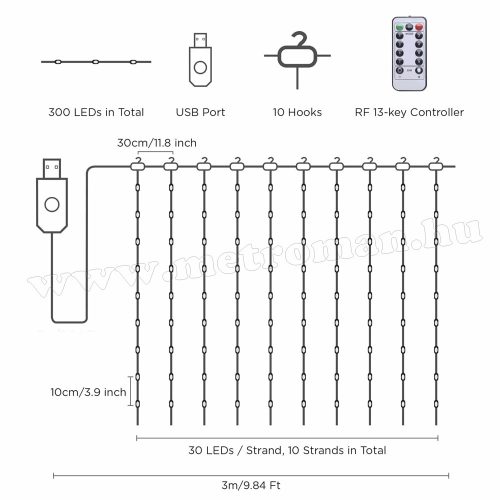 Karácsonyi LED fényfüggöny USB tápegységgel 300 LED 3x2.9 méter M6206USB Hideg Fehér
