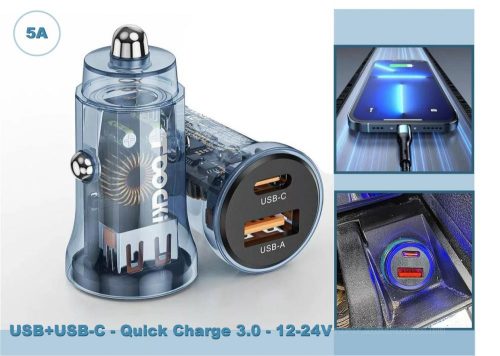 Autós telefontöltő, szivargyújtó USB töltő USB+USB-C - Quick Charge 3.0 - 12-24V 07AC-20W
