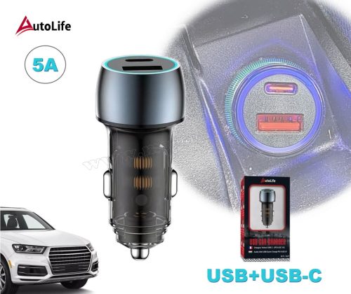 Autós telefontöltő, szivargyújtó USB töltő USB+USB-C 12-24V 07AC-48W