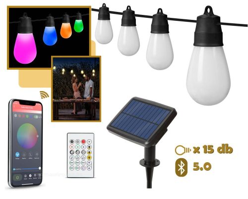 Napelemes Smart Villanykörte izzós kültéri kerti LED fényfüzér Színes 11746LED15