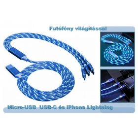   Univerzális Micro-USB  USB-C és iPhone Lightning világító telefon töltőkábel 3IN1MCL