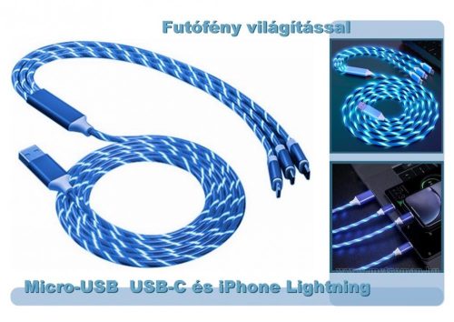 Univerzális Micro-USB  USB-C és iPhone Lightning világító telefon töltőkábel 3IN1MCL