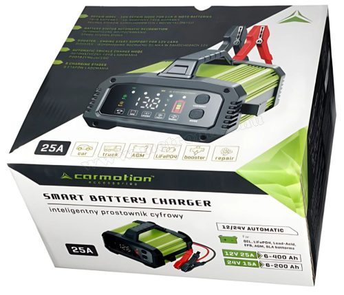 Intelligens autó akkumulátor töltő és indítássegítő bikázó 12V 25A/24V 15A Carmotion BOOSTER-8699