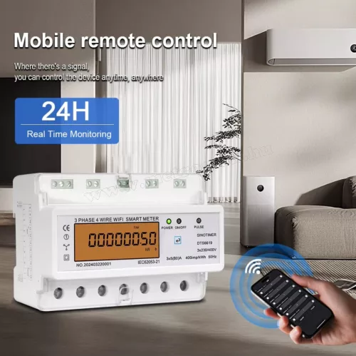 Wifi okos 3 fázisú fogyasztásmérő DIN sínre szerelhető Sinometer DTS6619-050-WIFI TuyaSmart