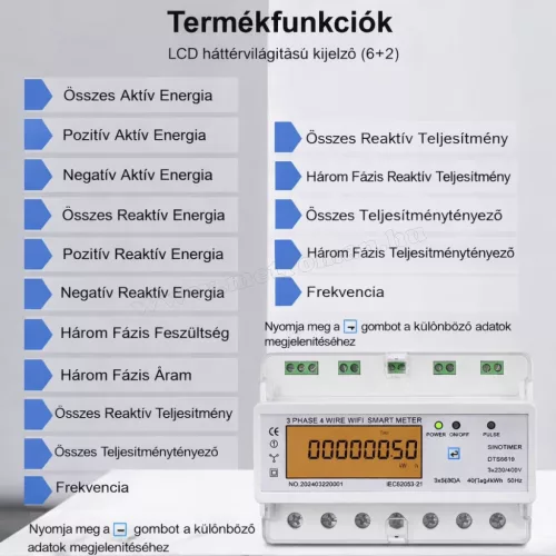 Wifi okos 3 fázisú fogyasztásmérő DIN sínre szerelhető Sinometer DTS6619-050-WIFI TuyaSmart