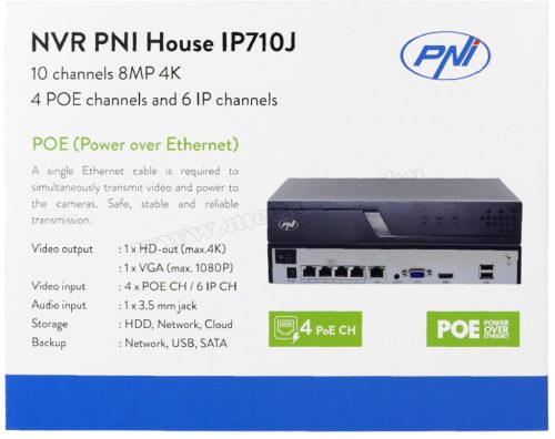 POE NVR rögzítő IP kamerákhoz, 10 csatorna 4K 8MP, 4 POE csatorna PNI House IP710J