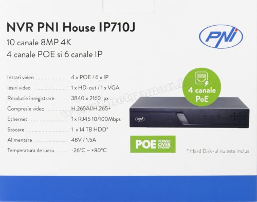 POE NVR rögzítő IP kamerákhoz, 10 csatorna 4K 8MP, 4 POE csatorna PNI House IP710J