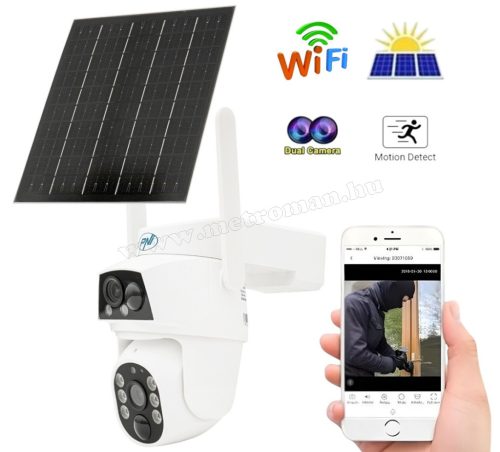 Vezeték nélküli Napelemes Wifi kamera, Android iPhone Wifi kültéri megfigyelő kamera PNI IP794-4MP DUAL-CAM CamHipro