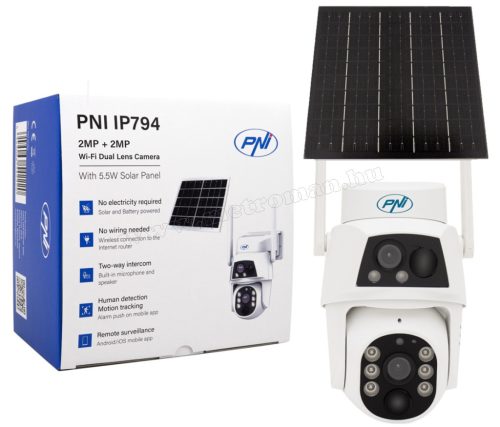 Vezeték nélküli Napelemes Wifi kamera, Android iPhone Wifi kültéri megfigyelő kamera PNI IP794-4MP DUAL-CAM CamHipro