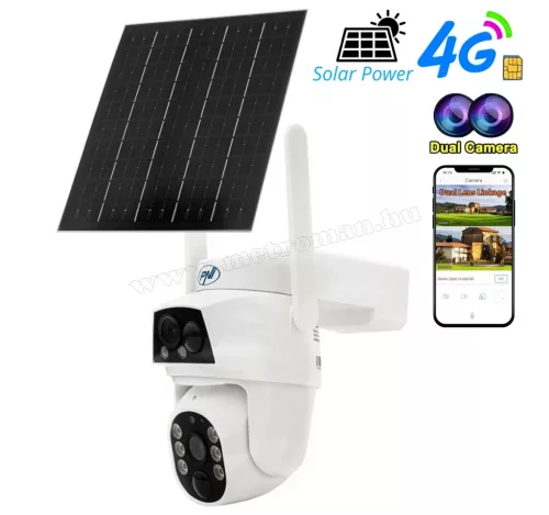 Vezeték Nélküli 4G Napelemes Kamera, SIM Kártyás Duál Lencsés Kültéri Megfigyelő kamera PNI IP894-DualCam CamHi Pro 