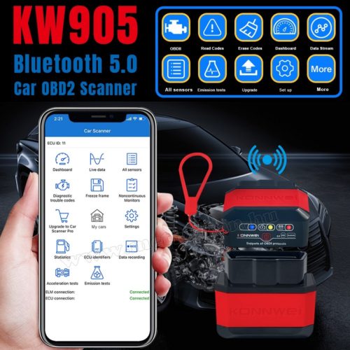 ELM327 OBD2 autós hibakód olvasó törlő műszer Konnwei KW905 Bluetooth 5.0