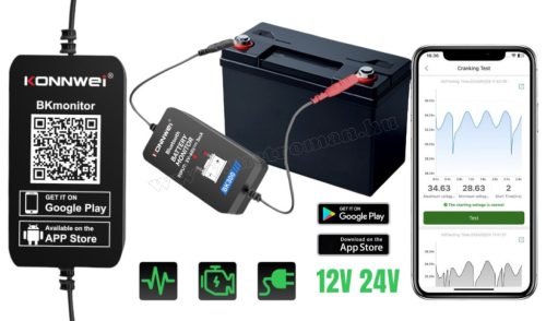 Bluetooth akkumulátortesztelő és figyelő Konnwei BK300 12V/24V