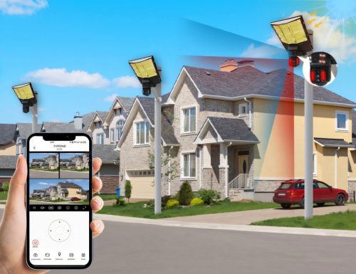 Napelemes 4G IP kamera, mobilnetes SIM kártyás kültéri biztonsági kamera Kültéri LED lámpa  M0201-4G-PTZ-LED DualCam V380PRO