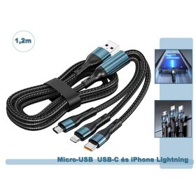   Univerzális Micro-USB  USB-C és iPhone Lightning telefon töltőkábel M12019
