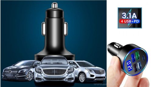 Autós szivargyújtós feszültségmérő USB és USB-C töltő M57