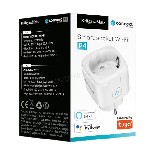 Wifi okos kapcsoló és fogyasztásmérő Kruger&Matz Connect P4 TuyaSmart