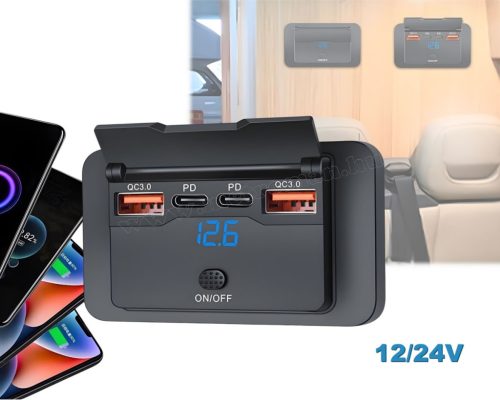 Autós beépíthető USB-A USB-C gyorstöltő feszültségmérővel M24901AX4
