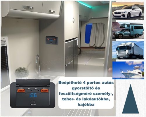 Autós beépíthető USB-A USB-C gyorstöltő feszültségmérővel M24901AX4