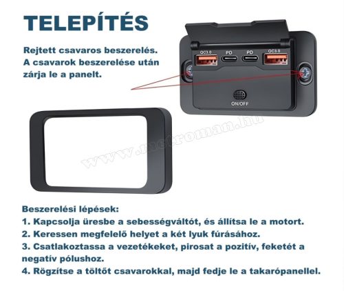 Autós beépíthető USB-A USB-C gyorstöltő feszültségmérővel M24901AX4