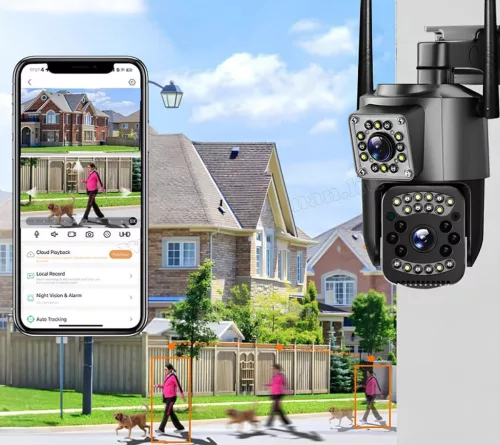 Kültéri Wifi Kamera, 2 kamerás SD kártyás megfigyelőkamera M6362CZ-DualCam V380PRO