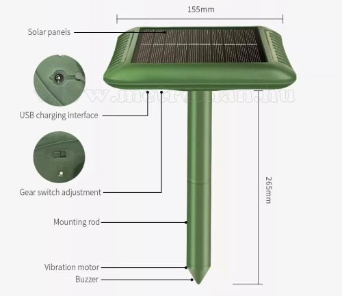 Napelemes vakondriasztó vibrációs és akusztikus riasztással M679V-DUAL-PRO