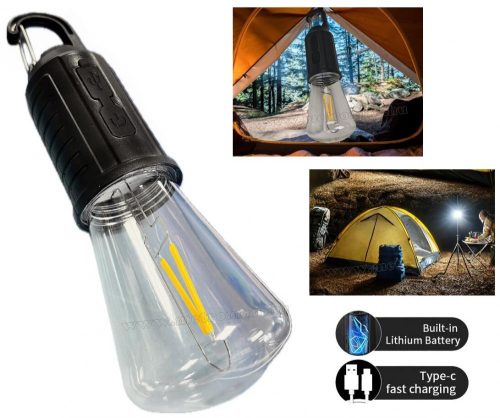 Felakasztható akkumulátoros sátorlámpa, kemping lámpa Retro Filament LED izzóval M8804LED