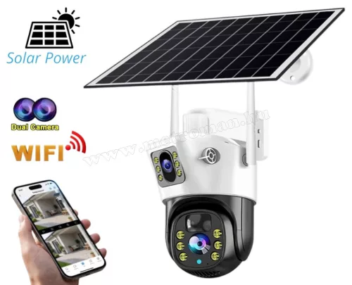 Napelemes WiFi kültéri kamera 2x4MP Dual Cam, vezeték nélküli forgatható PTZ kamera, MA601W V380 PRO