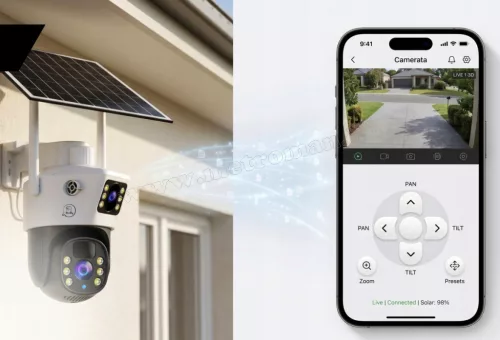 Napelemes WiFi kültéri kamera 2x4MP Dual Cam, vezeték nélküli forgatható PTZ kamera, MA601W V380 PRO