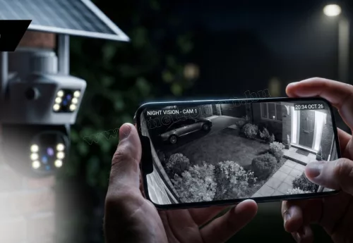 Napelemes WiFi kültéri kamera 2x4MP Dual Cam, vezeték nélküli forgatható PTZ kamera, MA601W V380 PRO