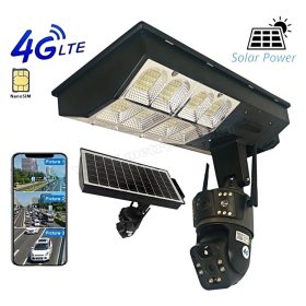   Napelemes 4G kültéri SIM kártyás kamera PTZ forgatható és fix 4G kamerával LED lámpával MD001-4G-EU-PTZ-LED Dual-Cam V380PRO