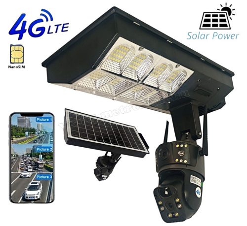 Napelemes 4G kültéri SIM kártyás kamera PTZ forgatható és fix 4G kamerával LED lámpával MD001-4G-EU-PTZ-LED Dual-Cam V380PRO