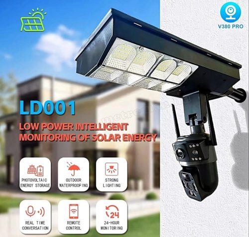 Napelemes 4G kültéri SIM kártyás kamera PTZ forgatható és fix 4G kamerával LED lámpával MD001-4G-EU-PTZ-LED Dual-Cam V380PRO