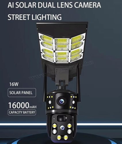 Napelemes 4G kültéri SIM kártyás kamera PTZ forgatható és fix 4G kamerával LED lámpával MD001-4G-EU-PTZ-LED Dual-Cam V380PRO