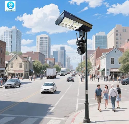 Napelemes 4G kültéri SIM kártyás kamera PTZ forgatható és fix 4G kamerával LED lámpával MD001-4G-EU-PTZ-LED Dual-Cam V380PRO