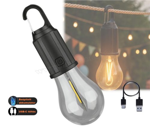 Felakasztható akkumulátoros sátorlámpa, kemping lámpa Retro Filament LED izzóval MD158LED